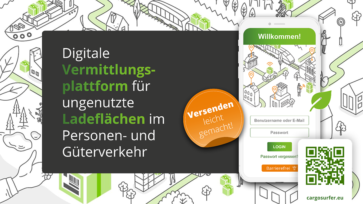 Projektgrafik des Projektes "CargoSurfer" mit der Aufschrift "Digitale Vermittlungsplattform für ungenutzte Ladeflächen im Personen- und Güterverkehr" Projektgrafik des Projektes "CargoSurfer" mit der Aufschrift "Digitale Vermittlungsplattform für ungenutzte Ladeflächen im Personen- und Güterverkehr"