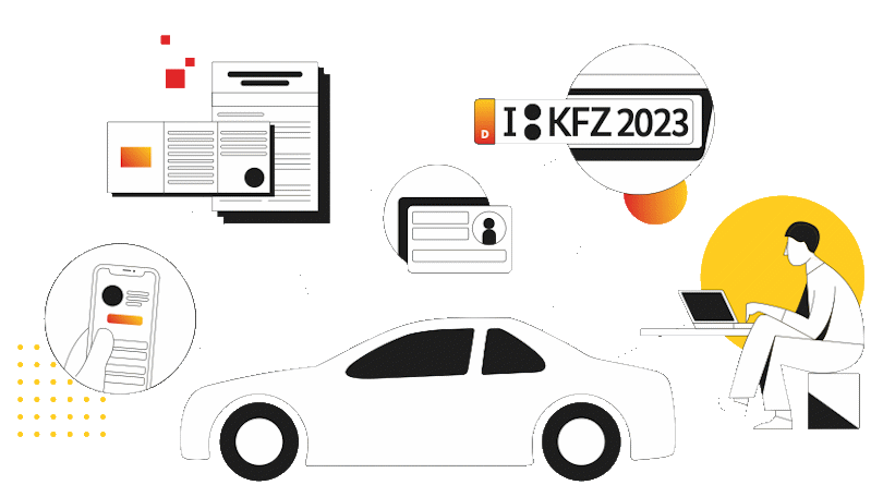 Illustration eines Autos mit Linien zu Dokumenten, einem Smartphone, einem Ausweis, einem Kfz-Kennzeichen und einer Person, die einen Laptop bedient Illustration eines Autos mit Linien zu Dokumenten, einem Smartphone, einem Ausweis, einem Kfz-Kennzeichen und einer Person, die einen Laptop bedient