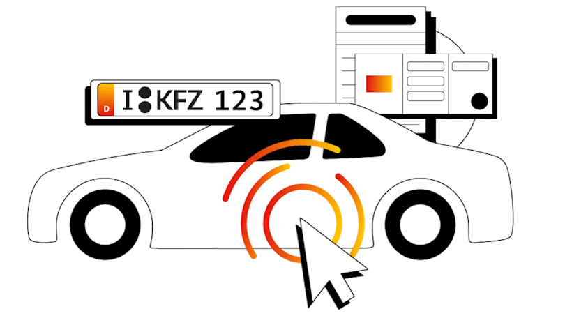 Illustration eines Autos mit Mauszeiger, eines Kfz-Kennzeichens und mehrerer Dokumente Illustration eines Autos mit Mauszeiger, eines Kfz-Kennzeichens und mehrerer Dokumente
